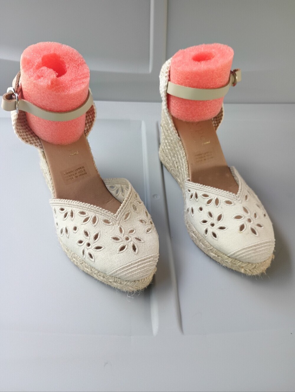 Cream-colored Maypol Beige Eyelet Canvas Espadrille Wedge Sandals Made in Spain - Picture 2 of 16